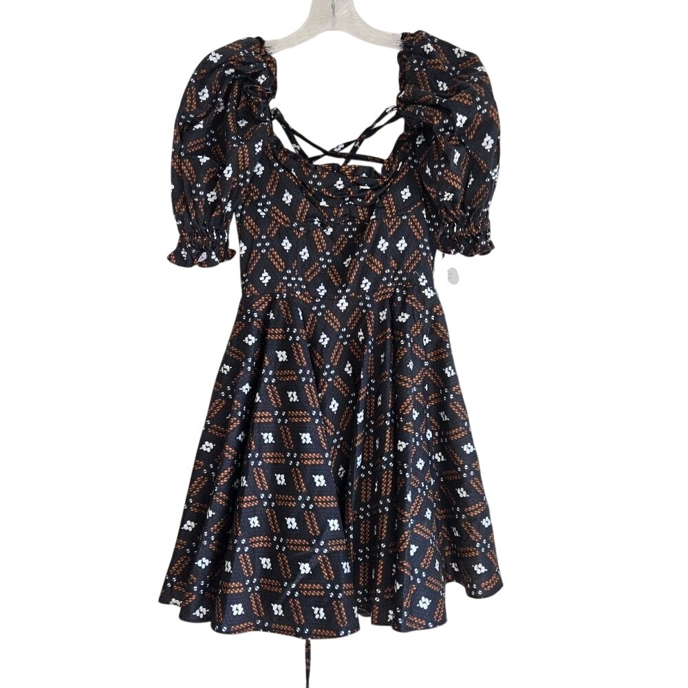 Autumn Adeigbo Size 0 Camille Printed Lace Up Mini Party Puff Sleeve Dress